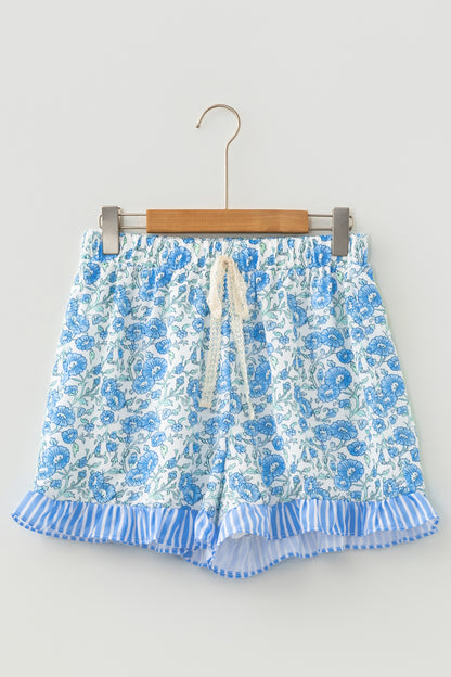 Floral Stripe Ruffle Hem Lace Tie Shorts