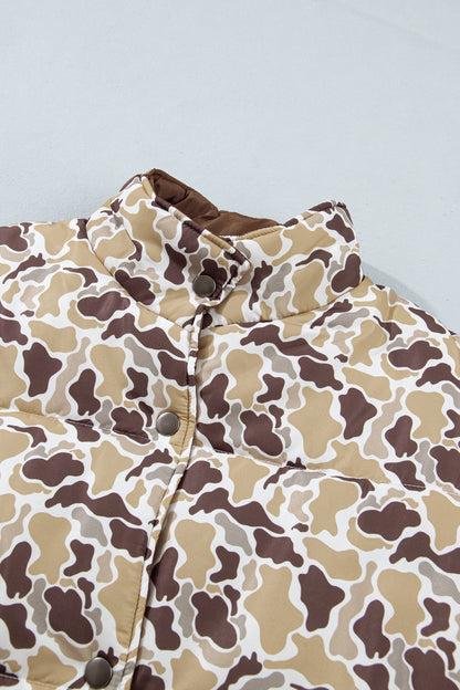 Camo Quilted Button Collar Long Sleeve Puffer Coat
