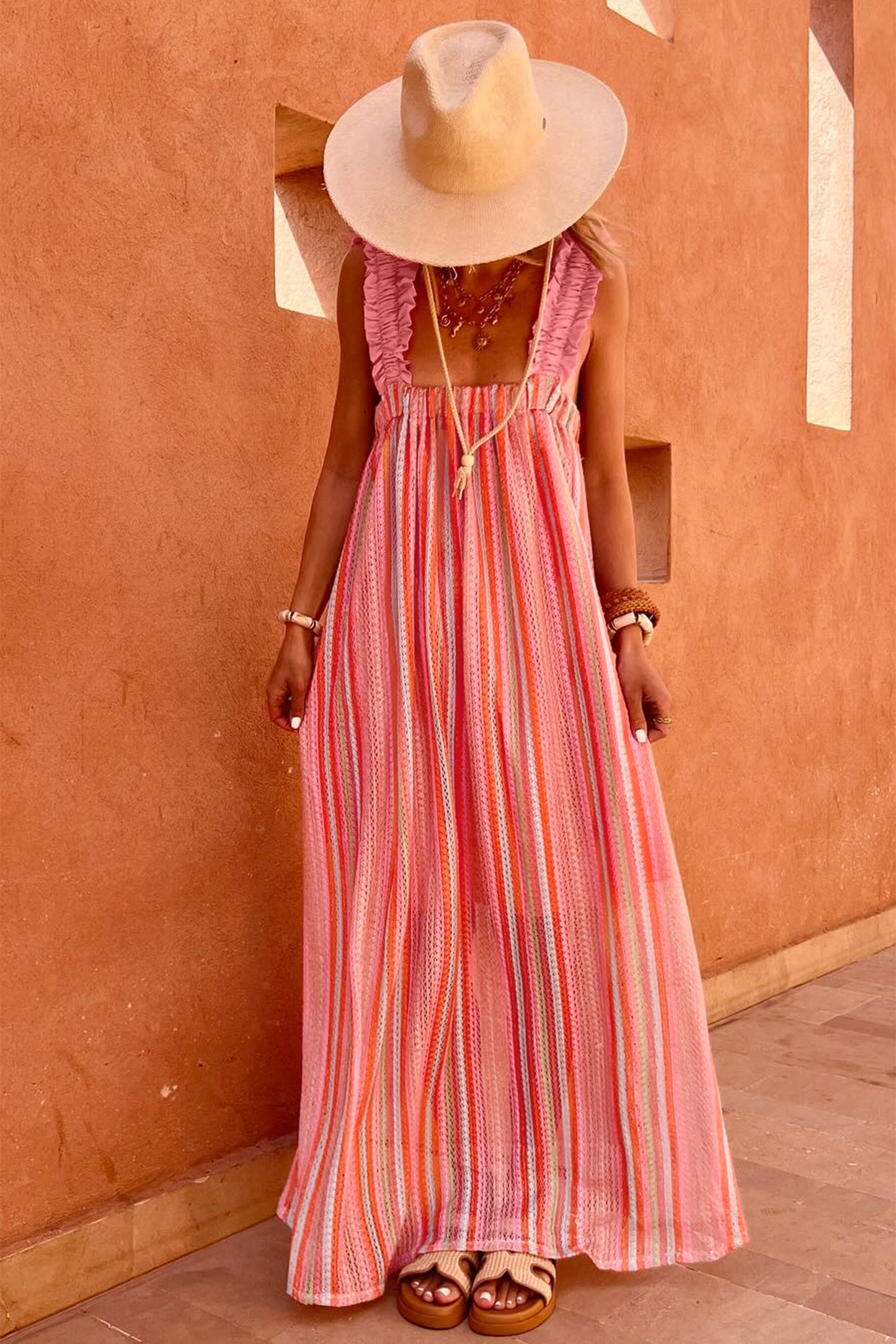 Stripe Textured Knit Ruffle Tie Back Maxi Dress