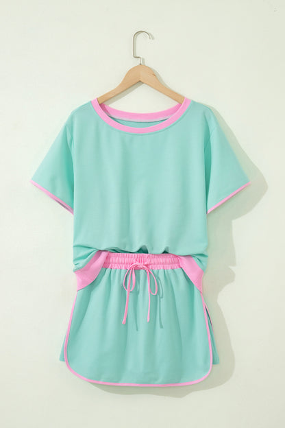 Colorblock Drop Shoulder T-Shirt & Skort Set