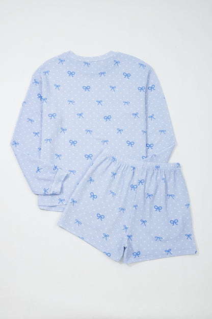 Polka Dot Bow Corded Knit Top and Shorts Set