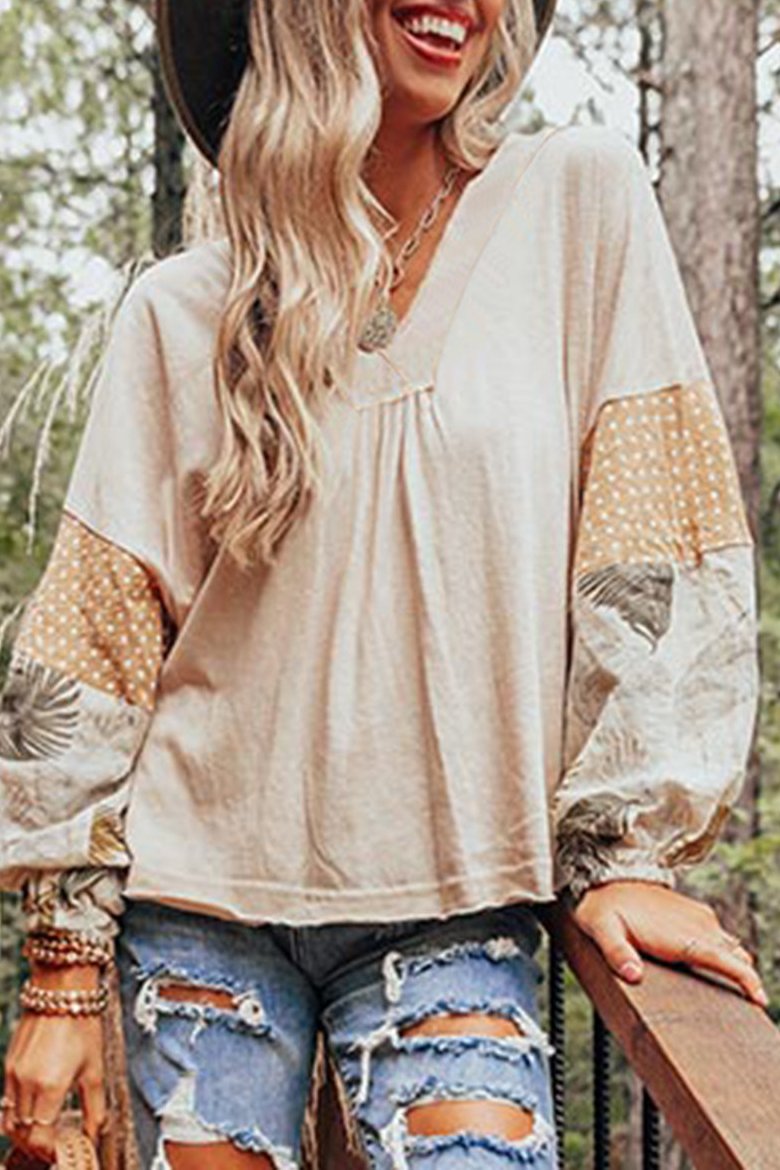 Patchwork Puff Sleeve V-Neck Blouse