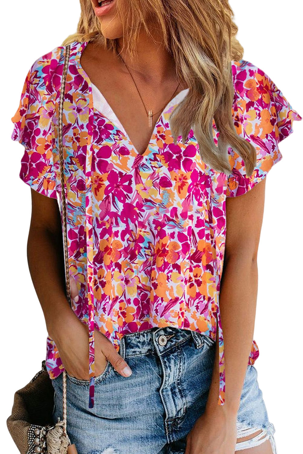 Floral Flutter Sleeve V-Neck Top