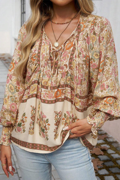 Floral Tie Neck Lantern Sleeve Blouse