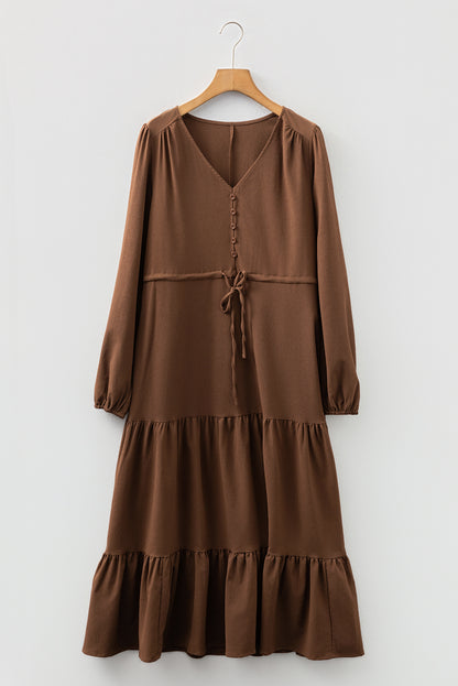 Solid Buttoned V-Neck Long Sleeve Tiered Maxi Dress