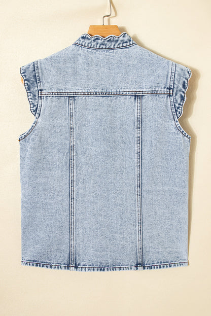 Denim Button-Front Scallop Trim Patch Pocket Vest