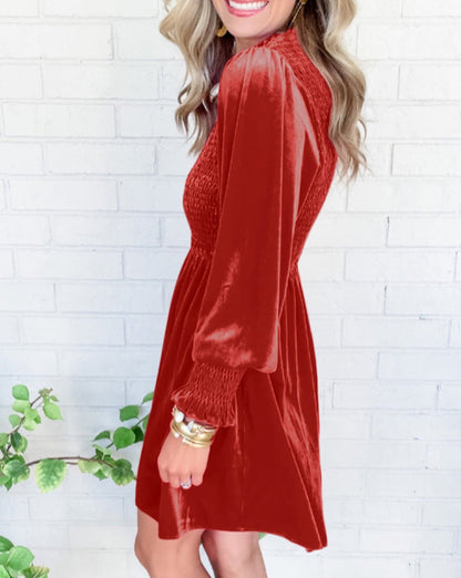 Velvet Smocked Puff Sleeve Dress