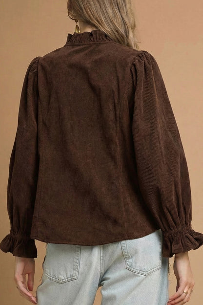 Solid Ruffle Trim V-Neck Long Sleeve Corduroy Shacket