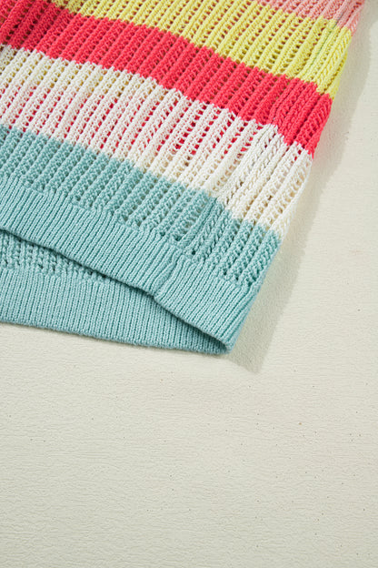 Stripe Colorblock Hollow-Out Short Sleeve Sweater
