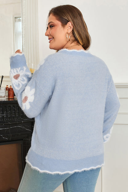 Plus Size Floral Scallop V-Neck Sweater