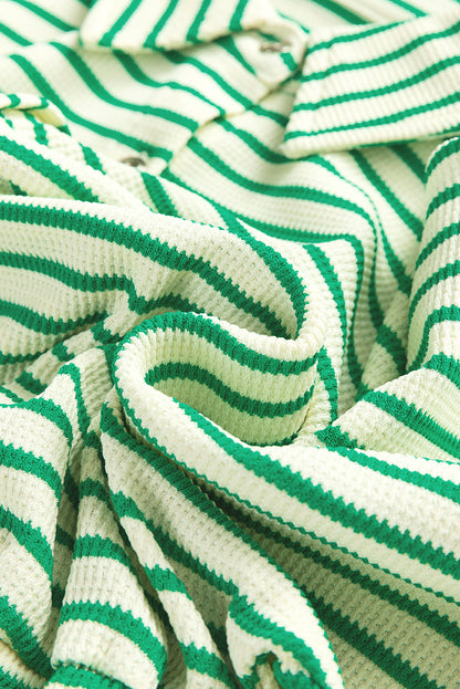 Stripe Short Sleeve Buttoned Collar Belted Romper