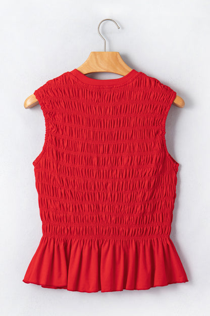 Solid Shirred Ruffle Peplum Hem Tank Top