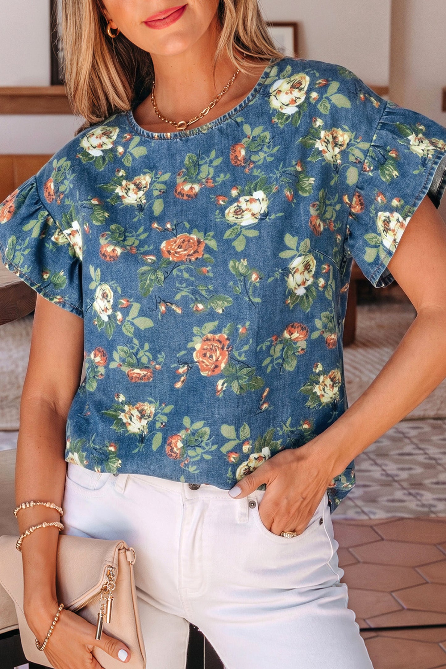 Floral Denim Ruffle Short Sleeve Top