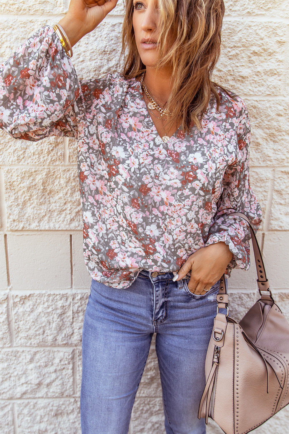 Floral Puff Sleeve V-Neck Top