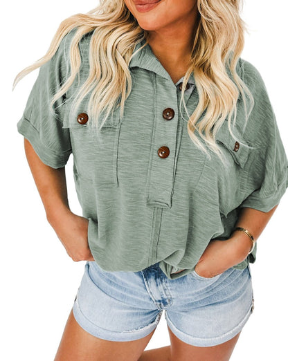 Collared Short Sleeve Buttoned Blouse