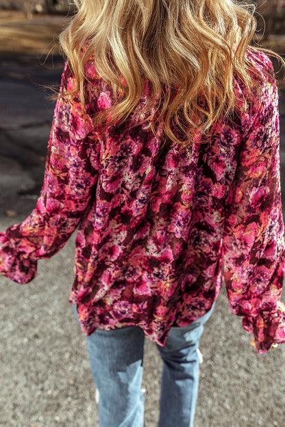 Floral Drawstring Ruffle V-Neck Blouse