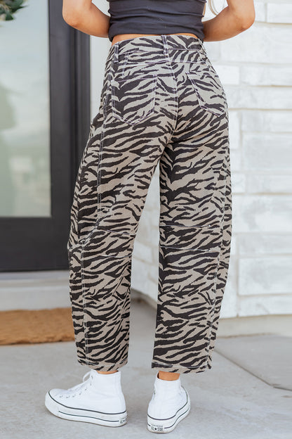 Zebra Stripe Denim Wide Barrel Leg Jeans