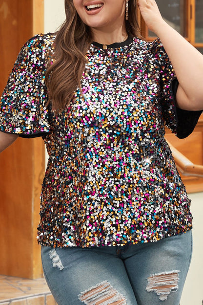 Plus Size Sequin Short Sleeve Top