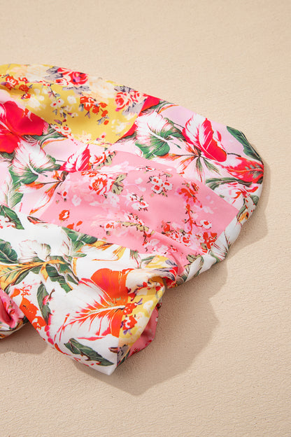 Floral Colorblock Trim V-Neck Ruffle Mini Dress