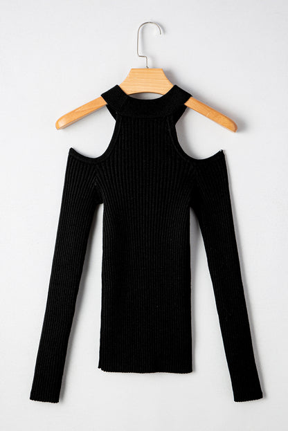 Solid Ribbed Knit Cold Shoulder Choker Neck Top