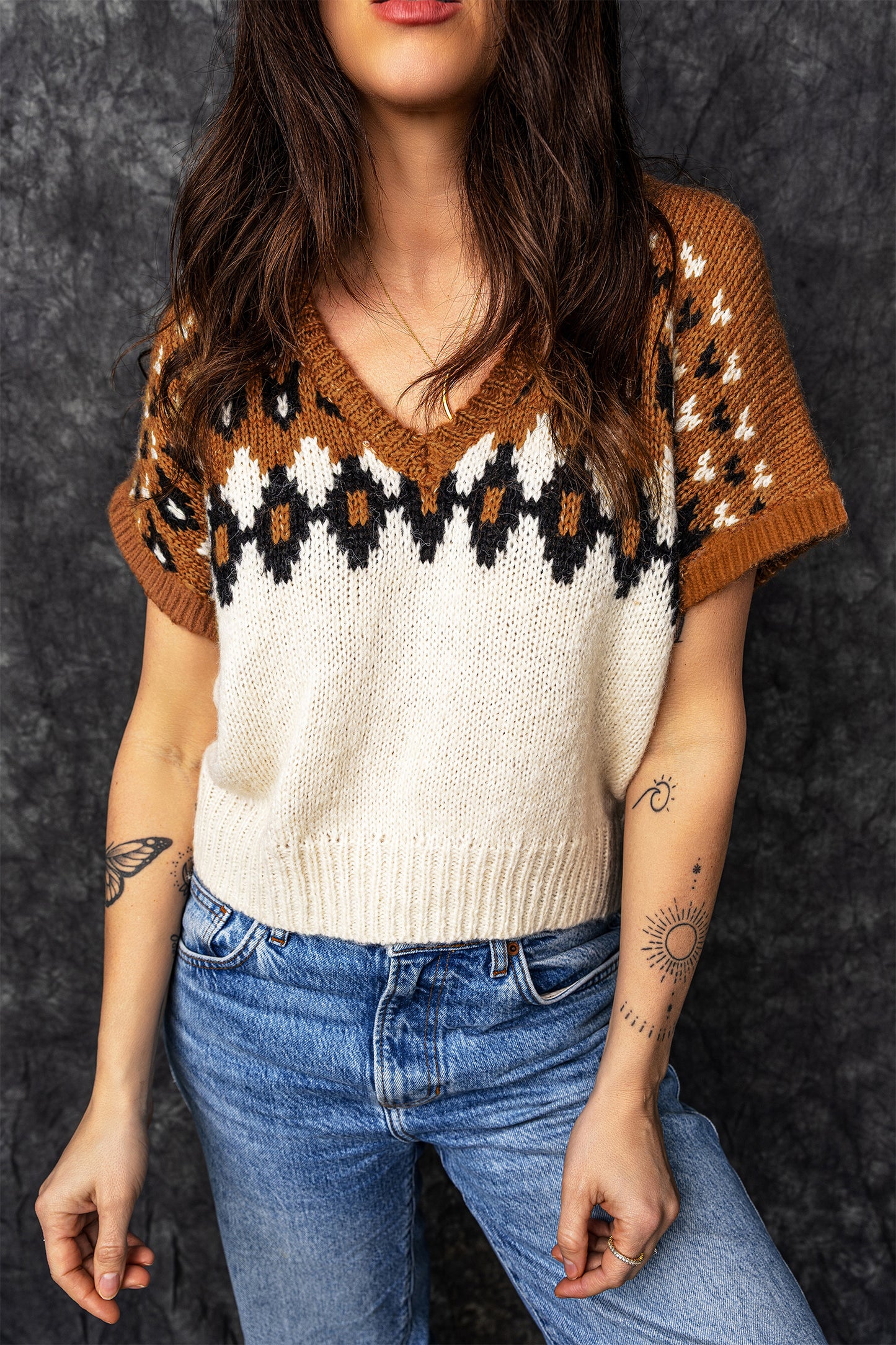 Western Geometric V-Neck Short Sleeve Knit T-Shirt