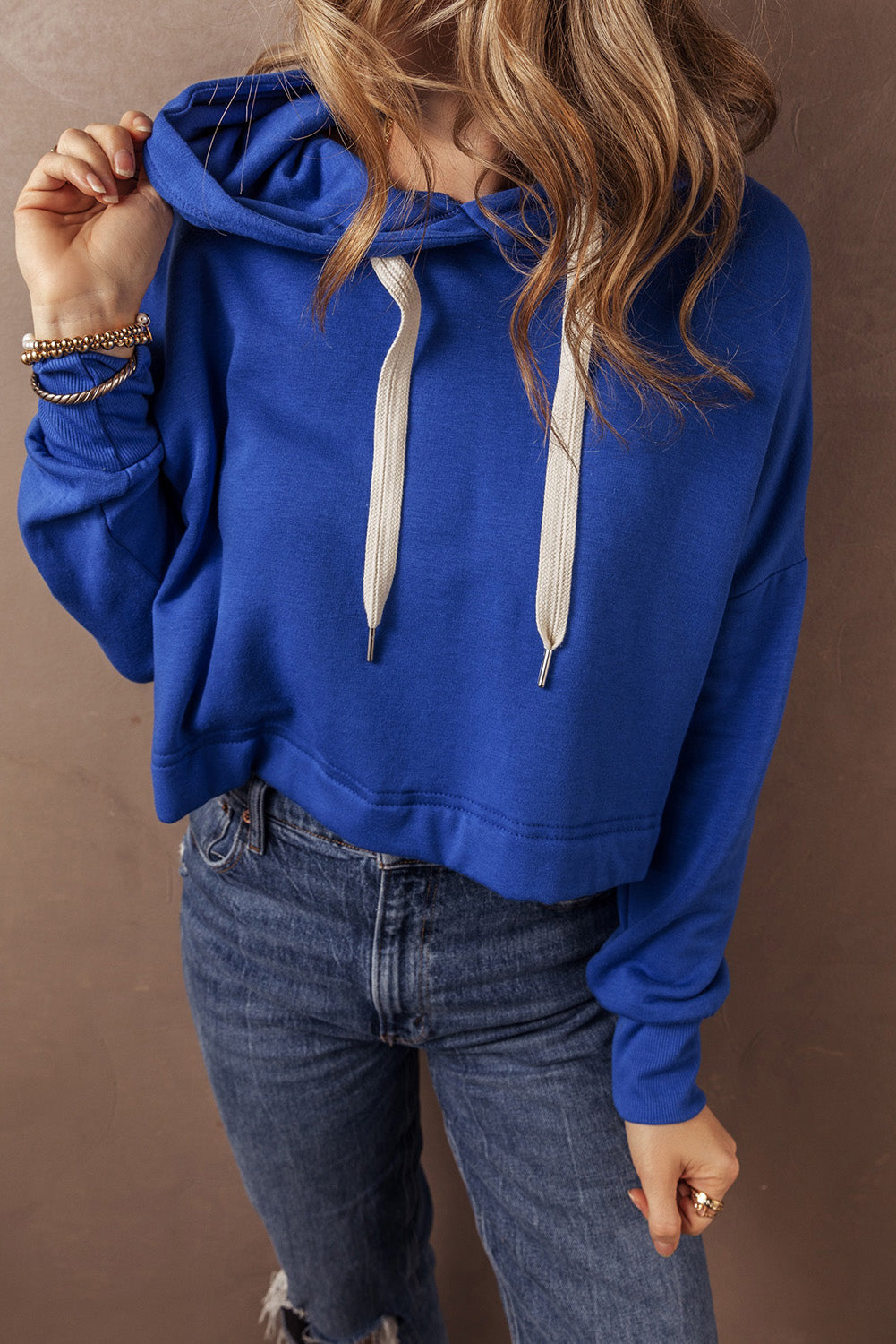 Solid Drop Shoulder Cropped Hoodie