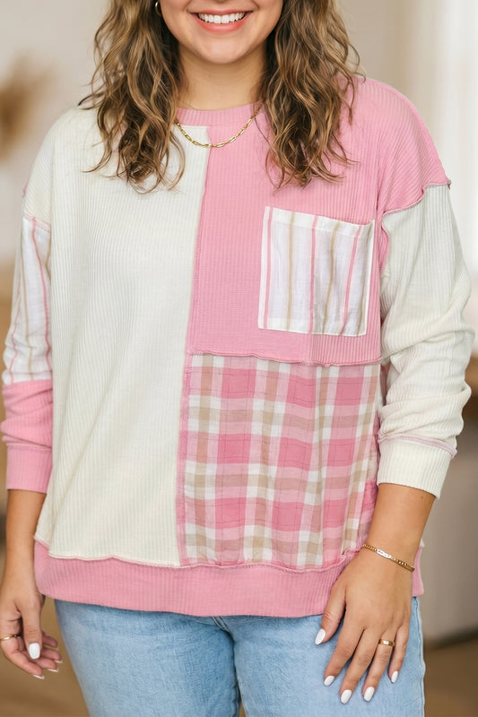 Plus Size Plaid Stripe Patchwork Long Sleeve Blouse