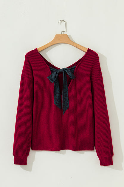 Racing Red Ribbed V Neck Contrast Ribbon Bow Back Drop Shoulder Long Sleeve Top