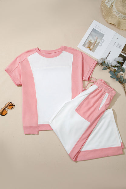 Colorblock Patchwork Tee & Drawstring Pant Set