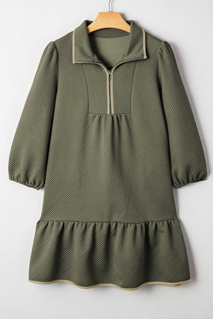 Textured Quarter Zip Collar 3/4 Sleeve Mini Dress