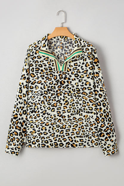 Leopard Contrast Stripe V-Neck Long Sleeve Blouse