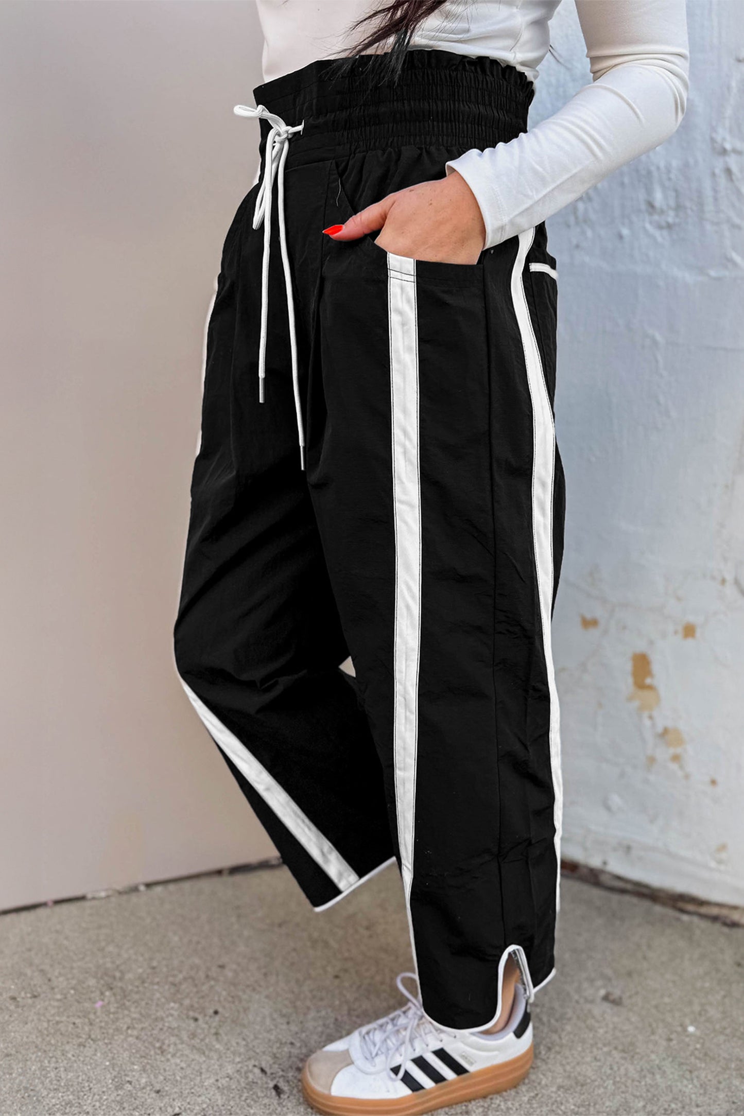 Stripe Smocked Waist Drawstring Cropped Pants
