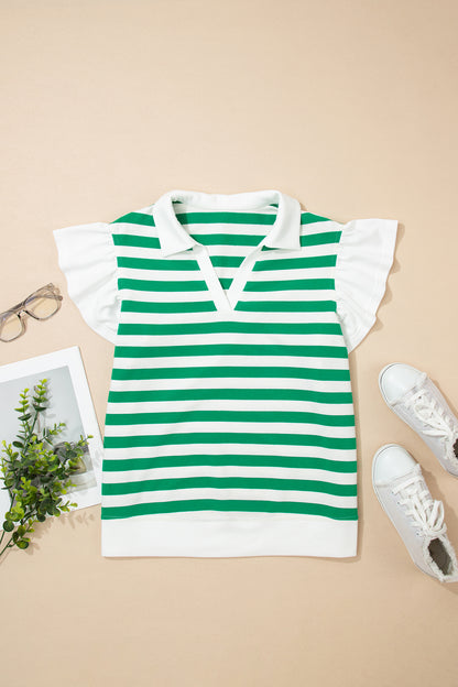 Stripe Collared V-Neck Ruffle Short Sleeve Blouse