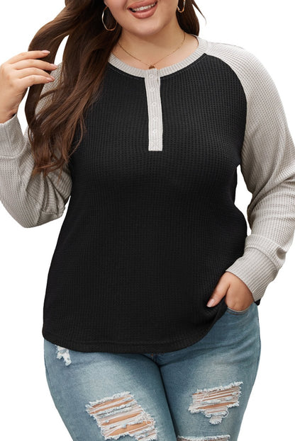 Plus Size Waffle Knit Buttoned Henley Top