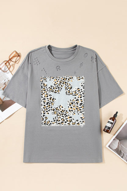 Medium Grey Stars Leopard Graphic Distressed Tee