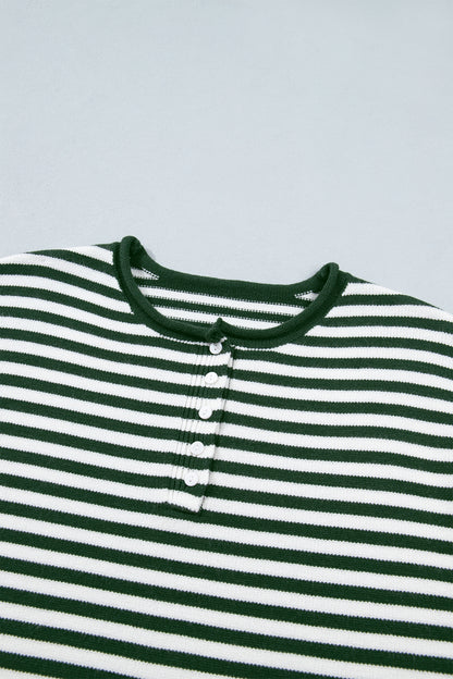 Stripe Button Placket Drop Shoulder Long Sleeve Sweater