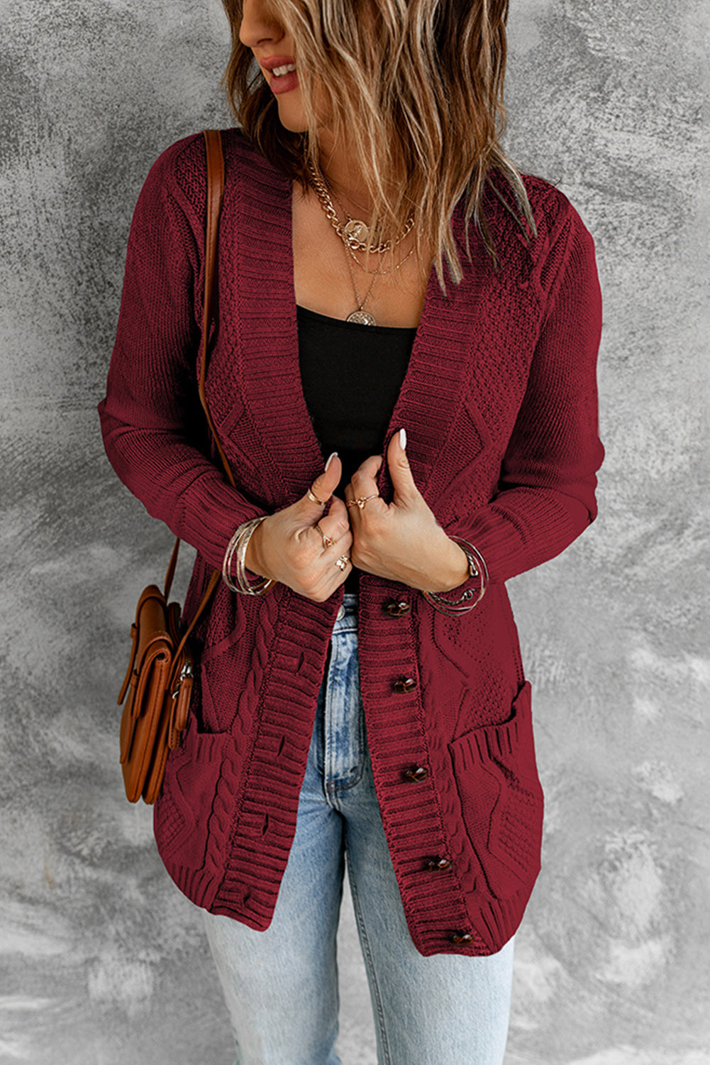 Cable Button Front Pocketed Cardigan