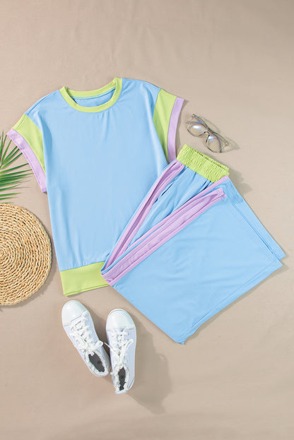 Colorblock Short Sleeve Top & Wide Leg Pants Set