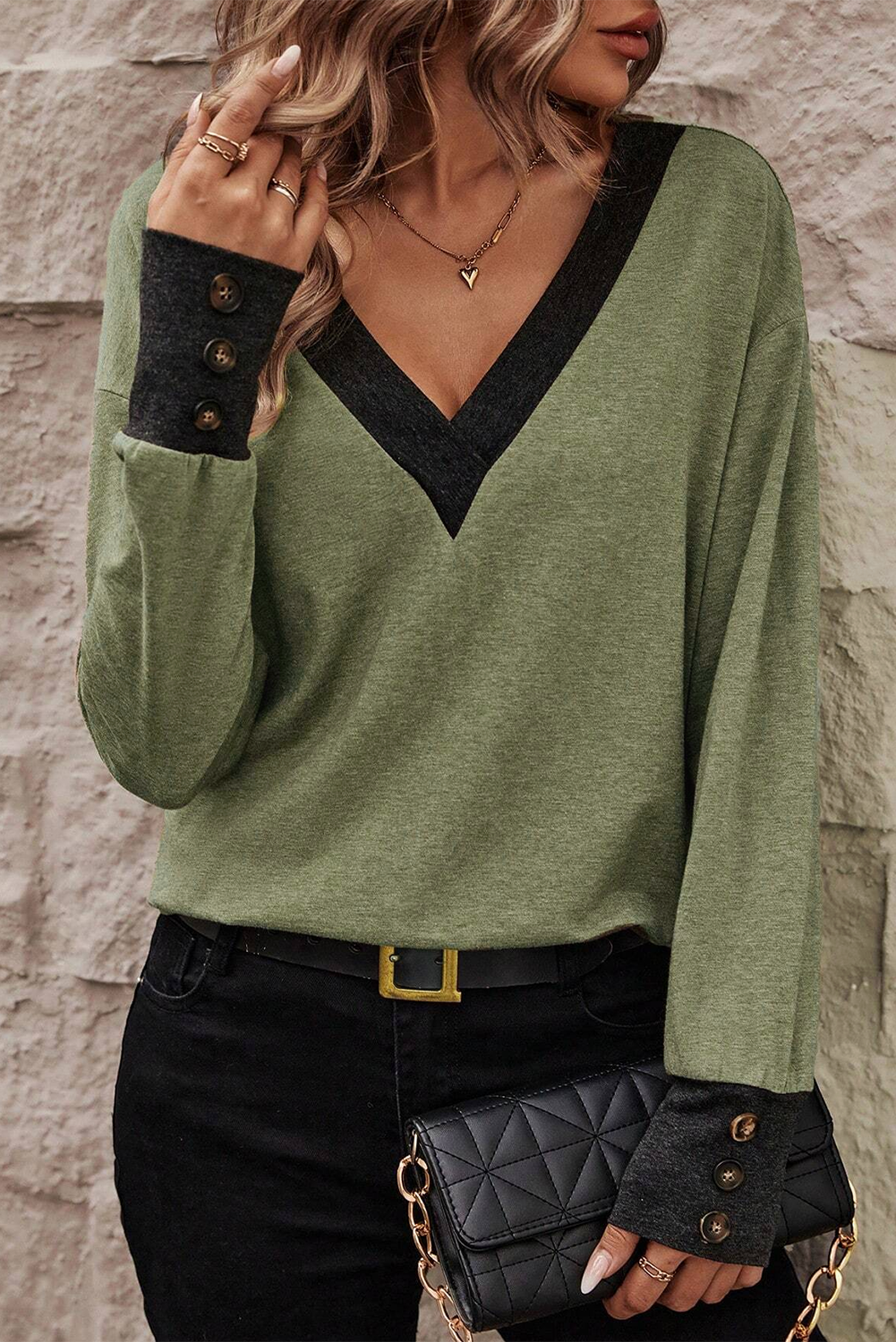 Colorblock Long Sleeve V-Neck Top