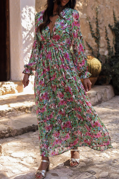 Floral Ruched Waist Maxi Dress