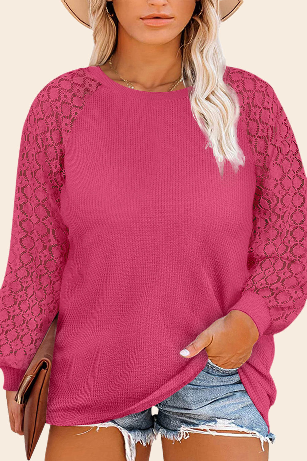 Waffle Lace Long Sleeve Top Plus Size