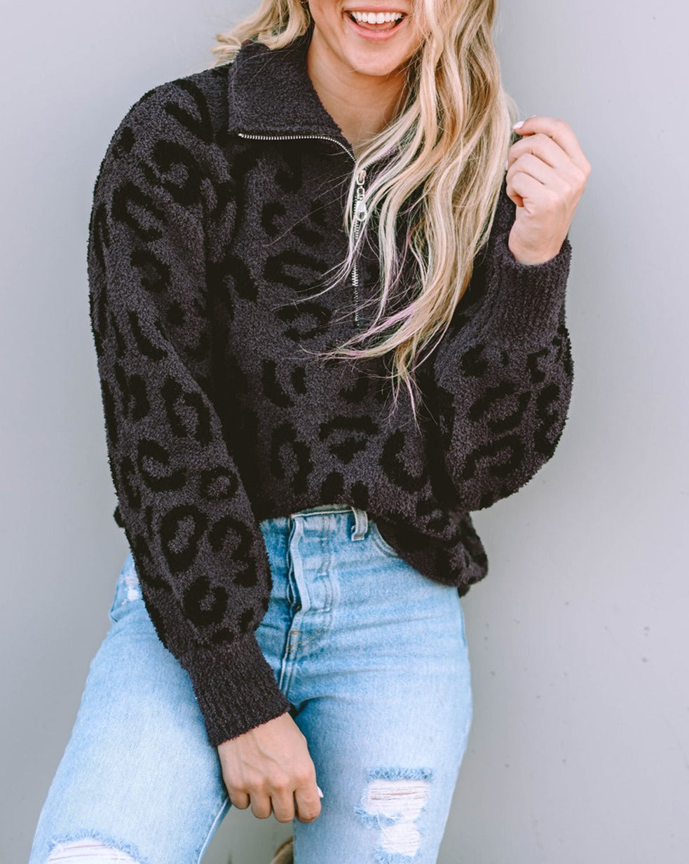 Leopard Quarter Zip Fuzzy Sweater