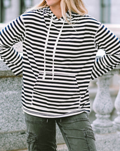 Stripe Kangaroo Pocket Drawstring Hoodie