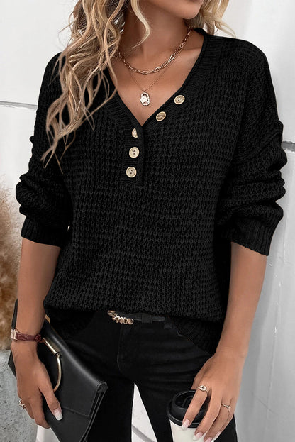 Chunky Waffle Buttoned V-Neck Sweater