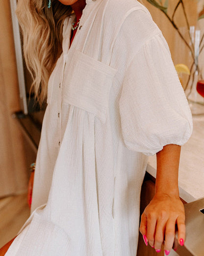 Puff Sleeve Buttoned Shirt Dress