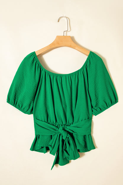Solid Ruched Cross Waist Tied Back Peplum Top