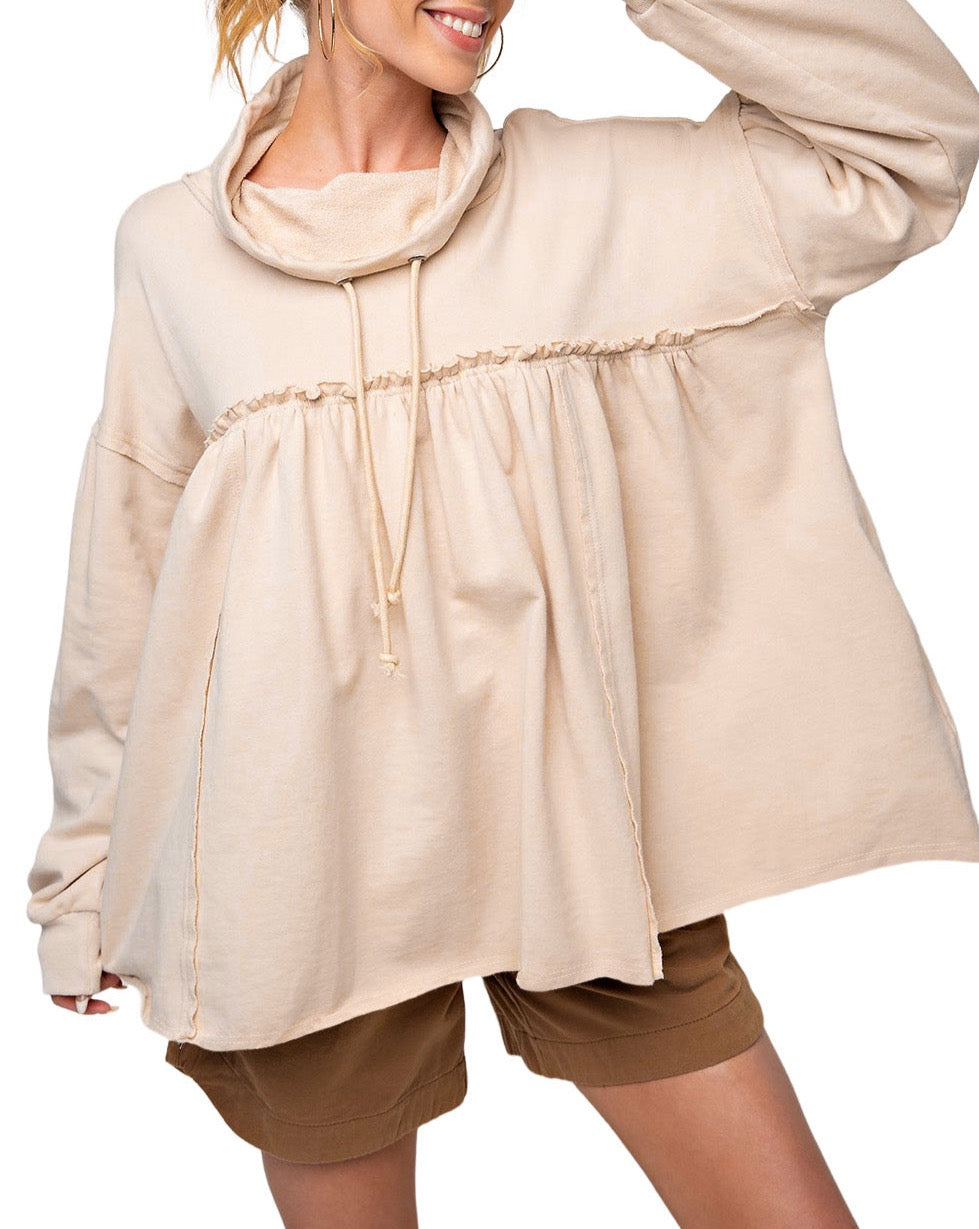 Exposed Seam Babydoll Sweatshirt w/Cowl