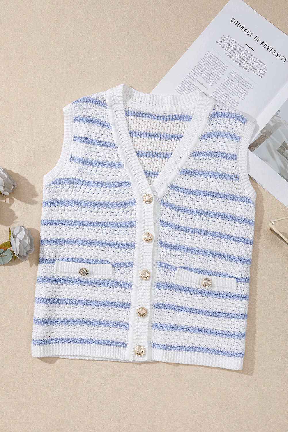 Stripe Buttoned V-Neck Sweater Knit Top