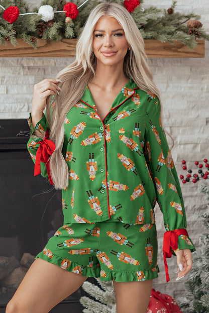 Christmas Bow Top and Ruffle Shorts Pajama Set