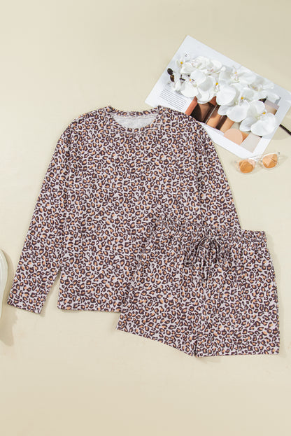Leopard Ribbed Long Sleeve Top and Shorts Set